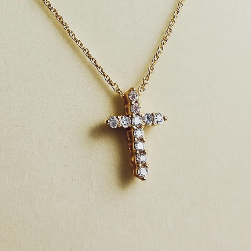 Gold Tone Cross Pendant Necklace with Clear Stones